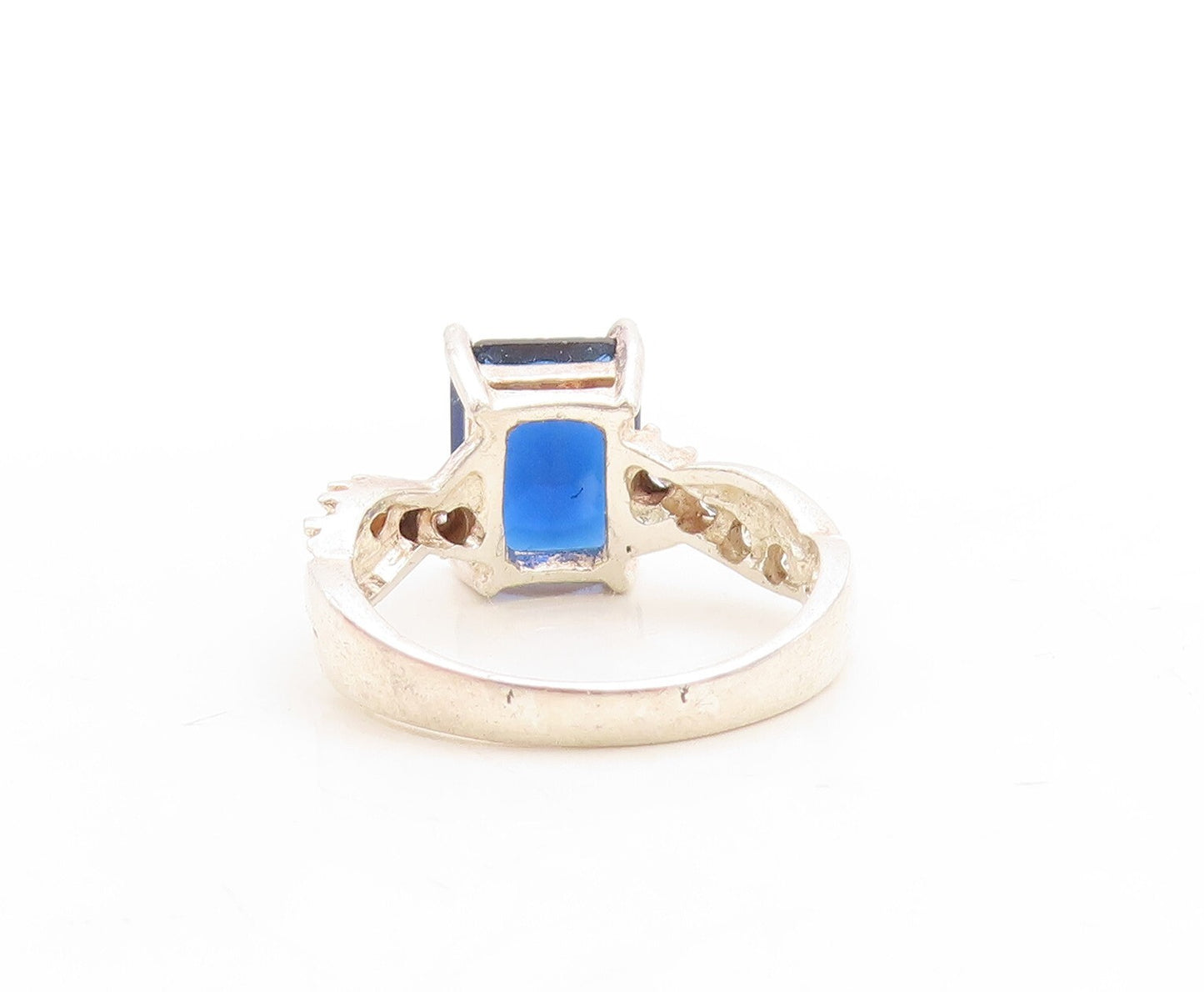 925 Sterling Silver Vintage Ring Rectangle Sapphire Twisted CZ  Sz 7.5  RG31192