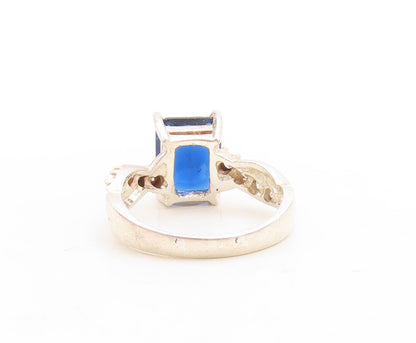 925 Sterling Silver Vintage Ring Rectangle Sapphire Twisted CZ  Sz 7.5  RG31192