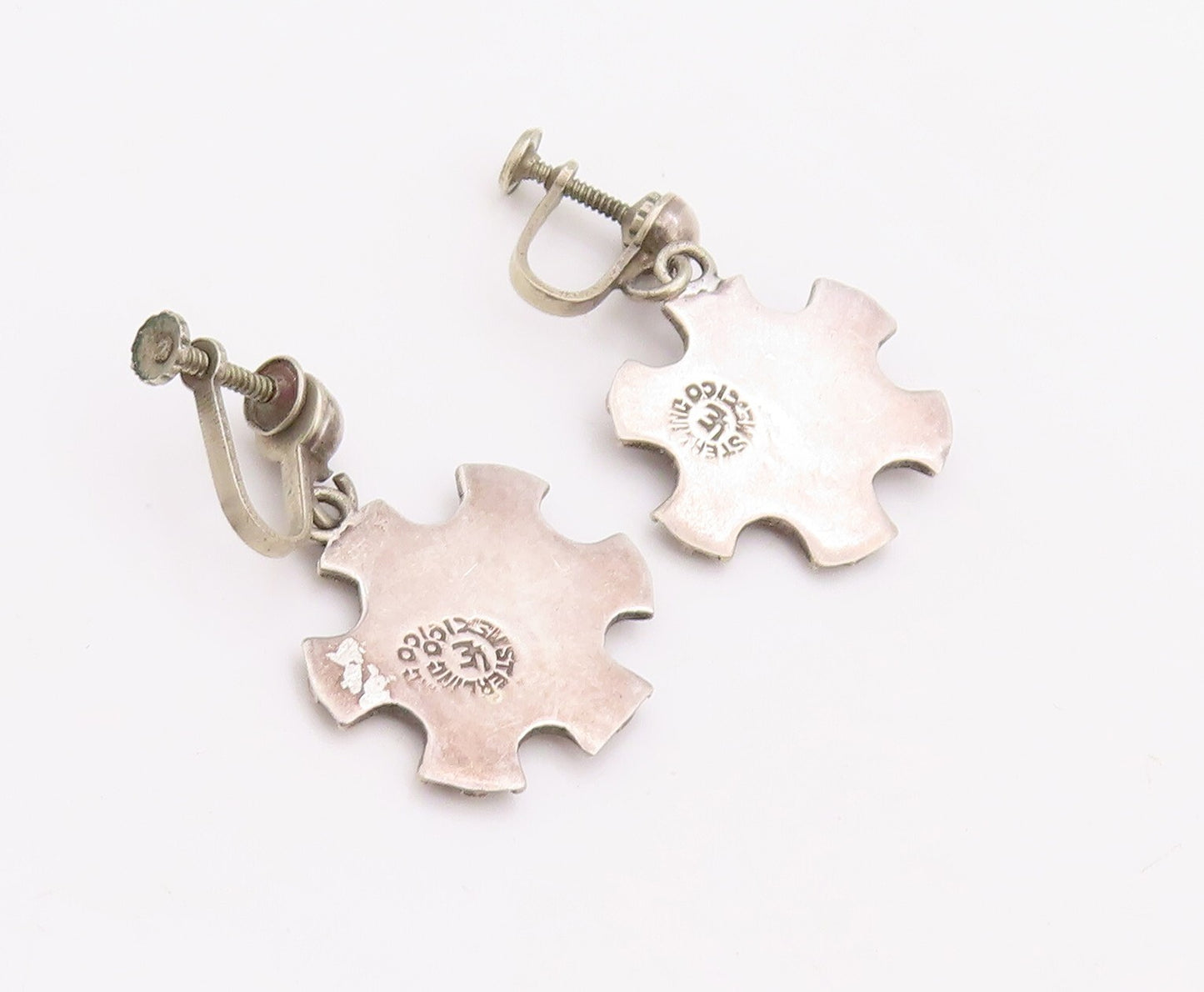 925 Sterling Silver Vintage Earrings MEXICO Abalone Carved Snow Flake  EG13178