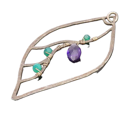 925 Silver  Vintage Leaf  Cutout & Wired Amethyst & Emerald Pendant  PT22214
