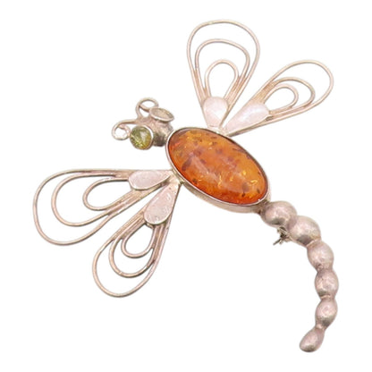 925 Sterling Silver Vintage Brooch Pin Cabochon Amber Winged Dragonfly  BP12579