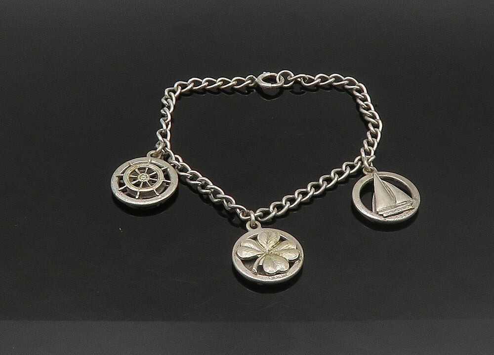 925 Sterling Silver  Vintage Sail Boat Clover Good Luck Charm Bracelet  BT9114