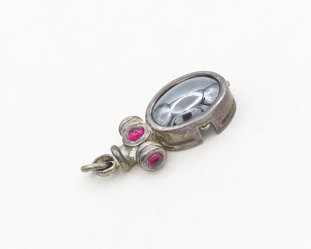 925 Sterling Silver  Vintage Shiny Hematite & Pink Topaz Pendant  PT15273