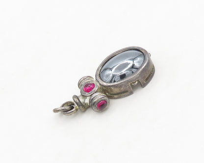 925 Sterling Silver  Vintage Shiny Hematite & Pink Topaz Pendant  PT15273