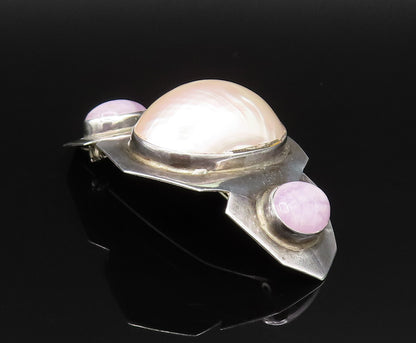 DESIGNER 925 Silver  Vintage Mother Of Pearl & Purple Jade Brooch Pin  BP9802