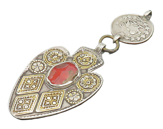925 Silver  Vintage Etched Lion Writing & Flower Colored Glass Pendant PT20254