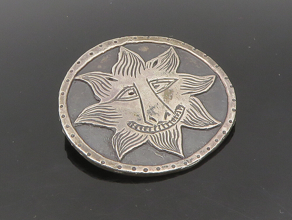 MMA 925 Sterling Silver  Vintage Dark Tone Etched Sun Face Brooch Pin  BP9336