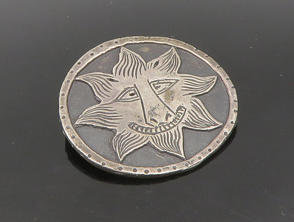 MMA 925 Sterling Silver  Vintage Dark Tone Etched Sun Face Brooch Pin  BP9336