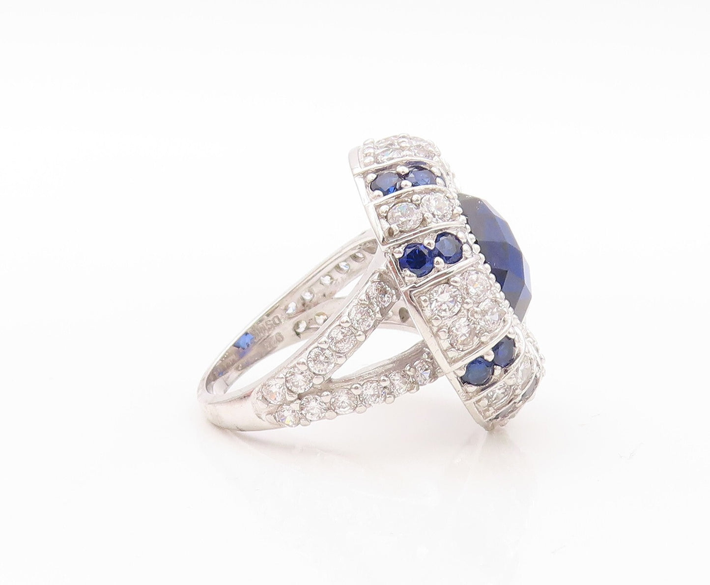 925 Sterling Silver Vintage Ring Designer Oval Sapphire & CZ Inlay Sz 7  RG30783