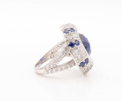 925 Sterling Silver Vintage Ring Designer Oval Sapphire & CZ Inlay Sz 7  RG30783