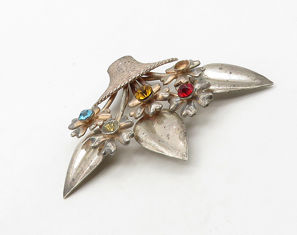 925 Sterling Silver  Vintage Topaz & Citrine Flower Basket Brooch Pin  BP6347