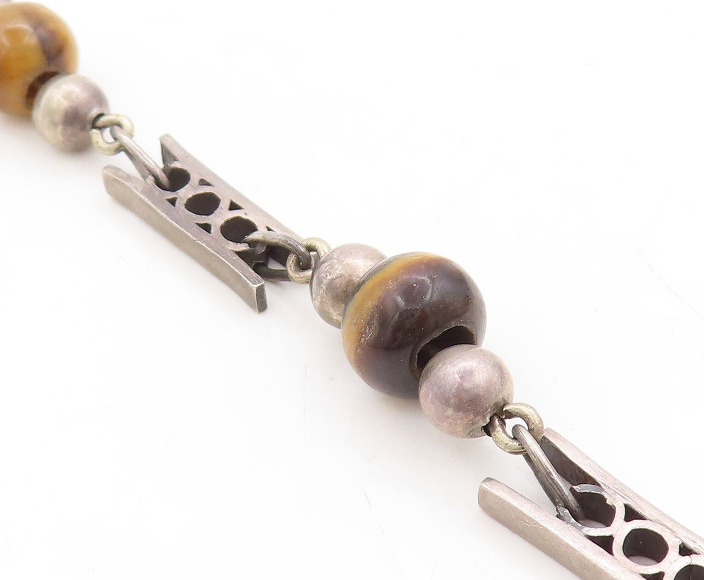 925 Sterling Silver Vintage Necklace MEXICO Designer Beaded Tiger's Eye   NE4413