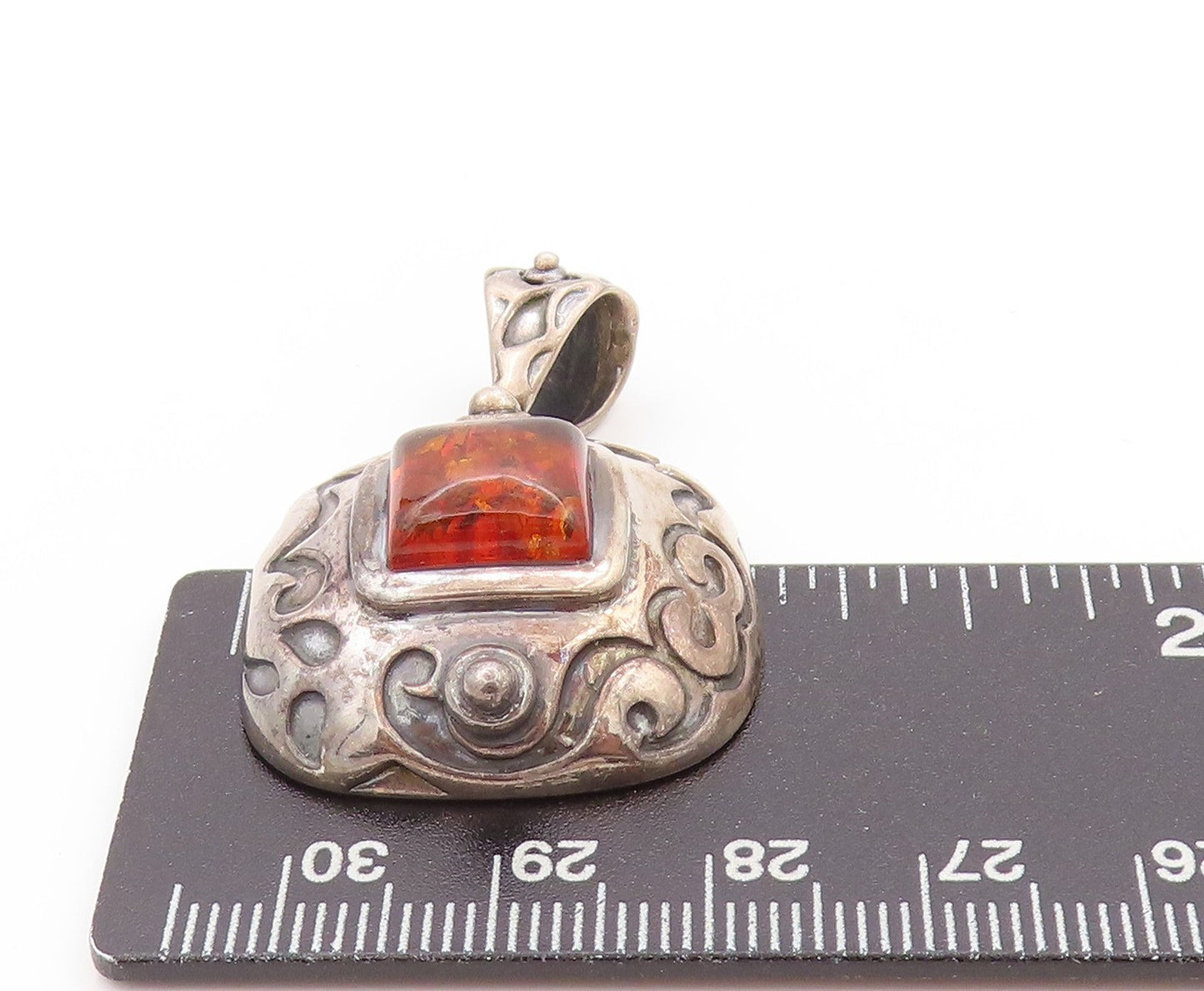 925 Sterling Silver Vintage Pendant SILPADA Swirly Carved Honey Amber  PT24198