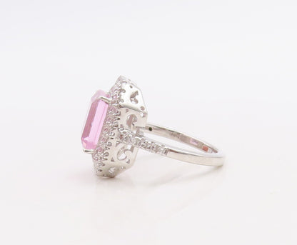 925 Sterling Silver Vintage Ring Rectangle Light Pink Halo White CZ Sz 7 RG30548