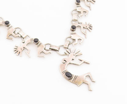 925 Sterling Silver Vintage Necklace SOUTHWESTERN Onyx Flute Player Link  NE4913