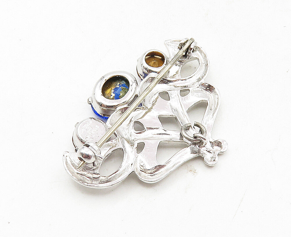 FRENCH 925 Sterling Silver  Red & Blue Topaz Shiny Floral Brooch Pin  BP3563