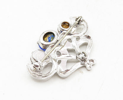 FRENCH 925 Sterling Silver  Red & Blue Topaz Shiny Floral Brooch Pin  BP3563