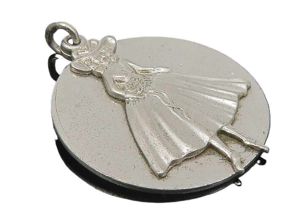 925 Sterling Silver  Vintage Shiny Woman In Dress Round Drop Pendant  PT8441