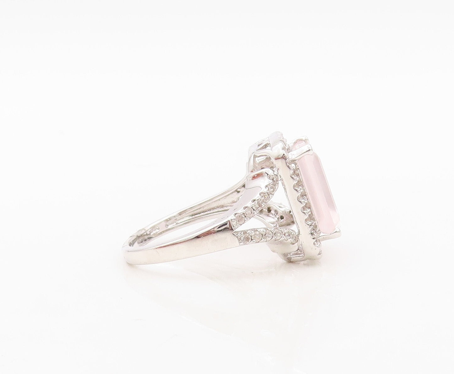 925 Sterling Silver Vintage Ring Rectangle Cut Pink Gemstone & CZ  Sz 7 RG30518