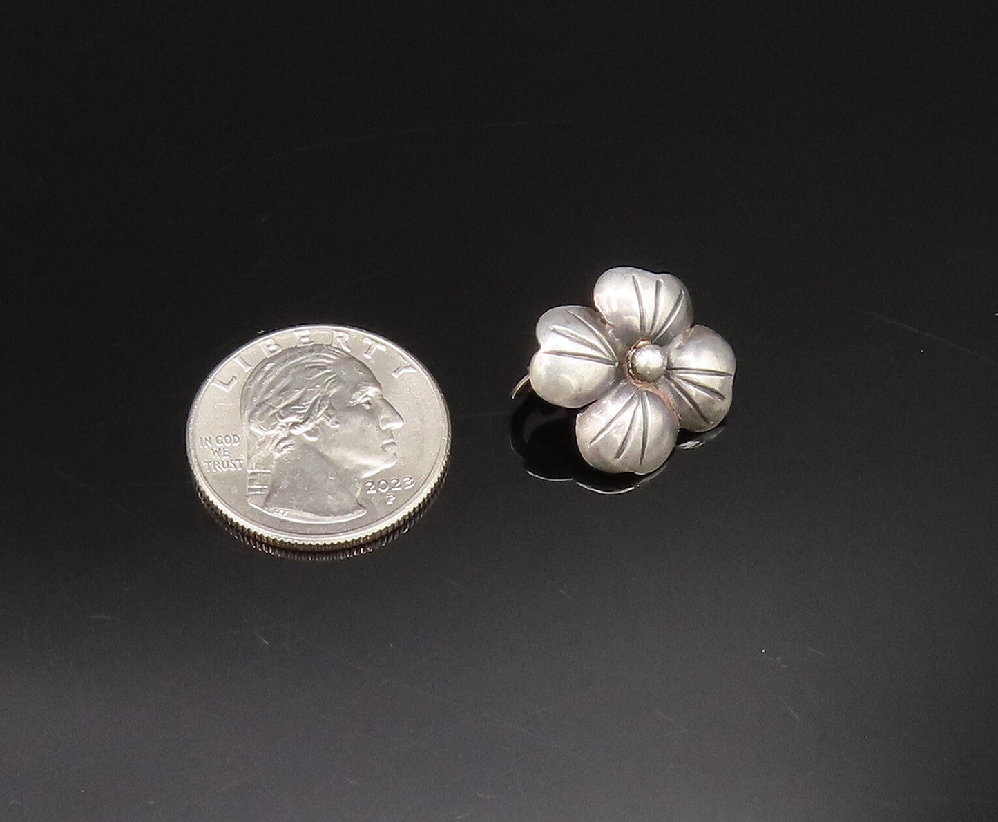 925 Silver  Vintage Etched Four Pedal Flower Non Pierced Earrings  EG12107