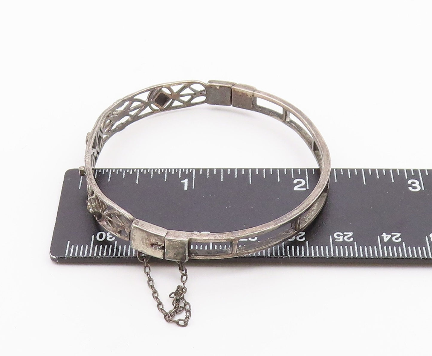 925 Sterling Silver Vintage Geometric Cutout Topaz Bangle Bracelet BT9383