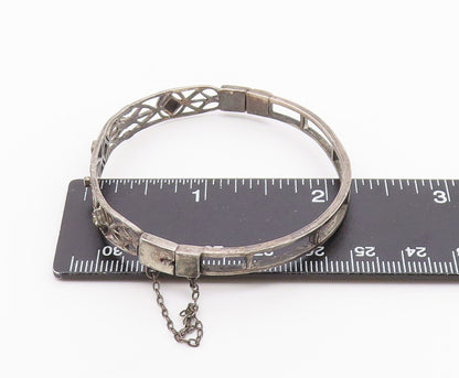 925 Sterling Silver Vintage Geometric Cutout Topaz Bangle Bracelet BT9383