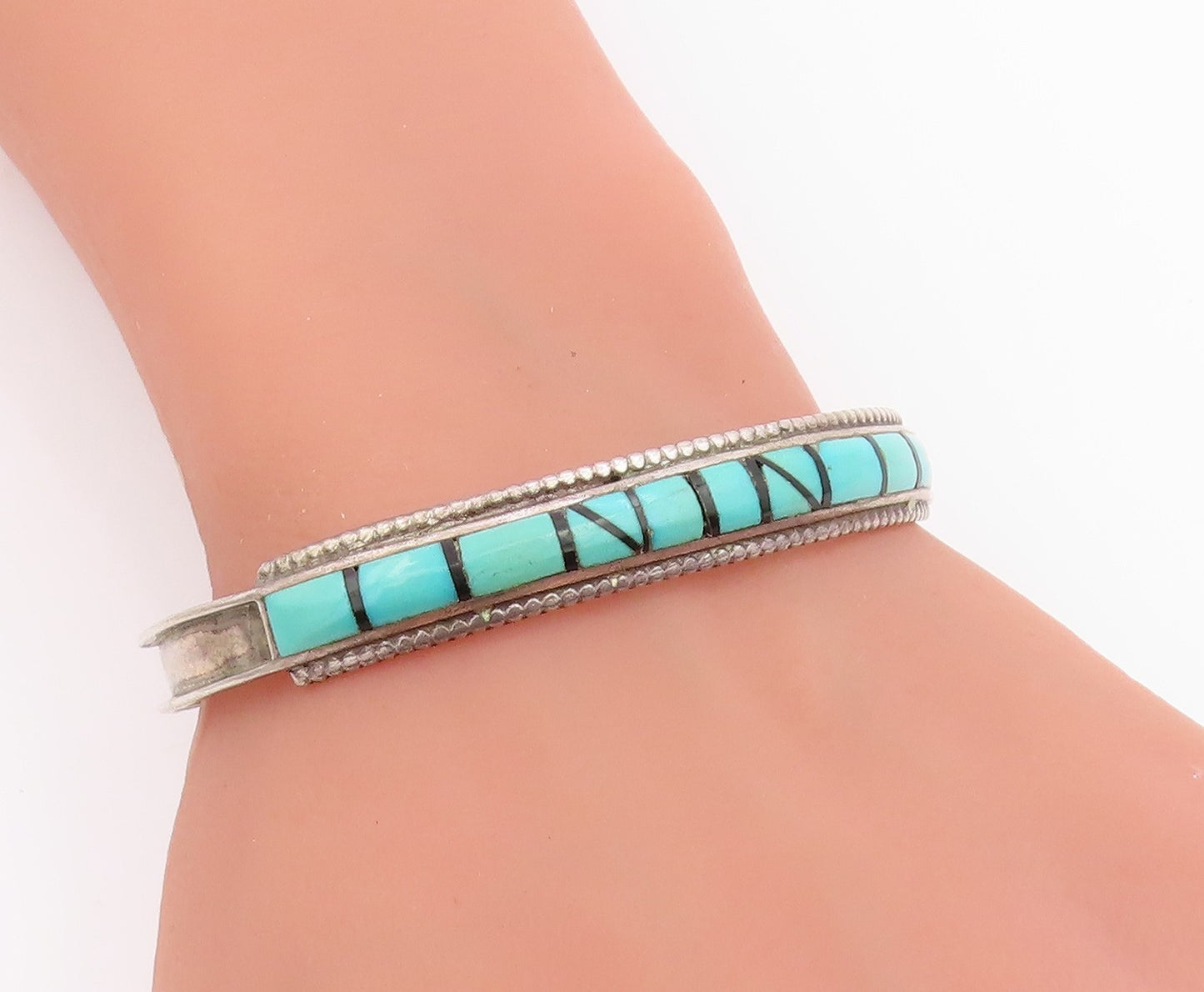 925 Sterling Silver Vintage Bracelet NAVAJO ZUNI Turquoise Inlay Cuff  BT11970
