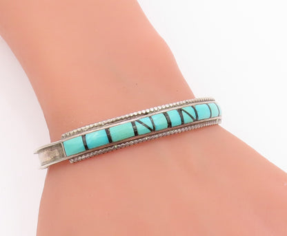 925 Sterling Silver Vintage Bracelet NAVAJO ZUNI Turquoise Inlay Cuff  BT11970