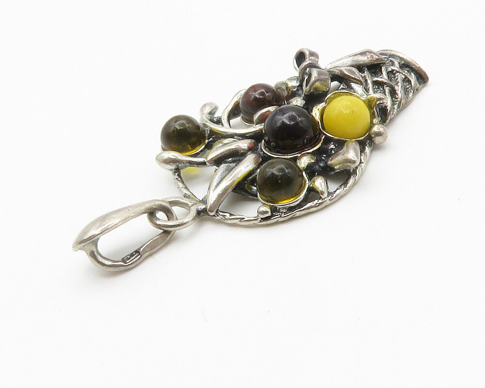 925 Sterling Silver  Vintage Cabochon Cut Amber Flower Basket Pendant  PT11116