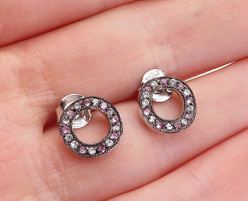 925 Sterling Silver  Pink & White Topaz Open Circle Stud Earrings  EG2127