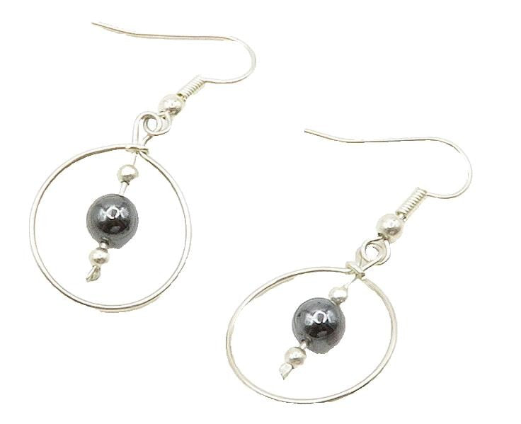 925 Sterling Silver  Shiny Hematite Bead Open Circle Dangle Earrings  EG7895