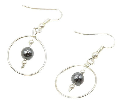 925 Sterling Silver  Shiny Hematite Bead Open Circle Dangle Earrings  EG7895