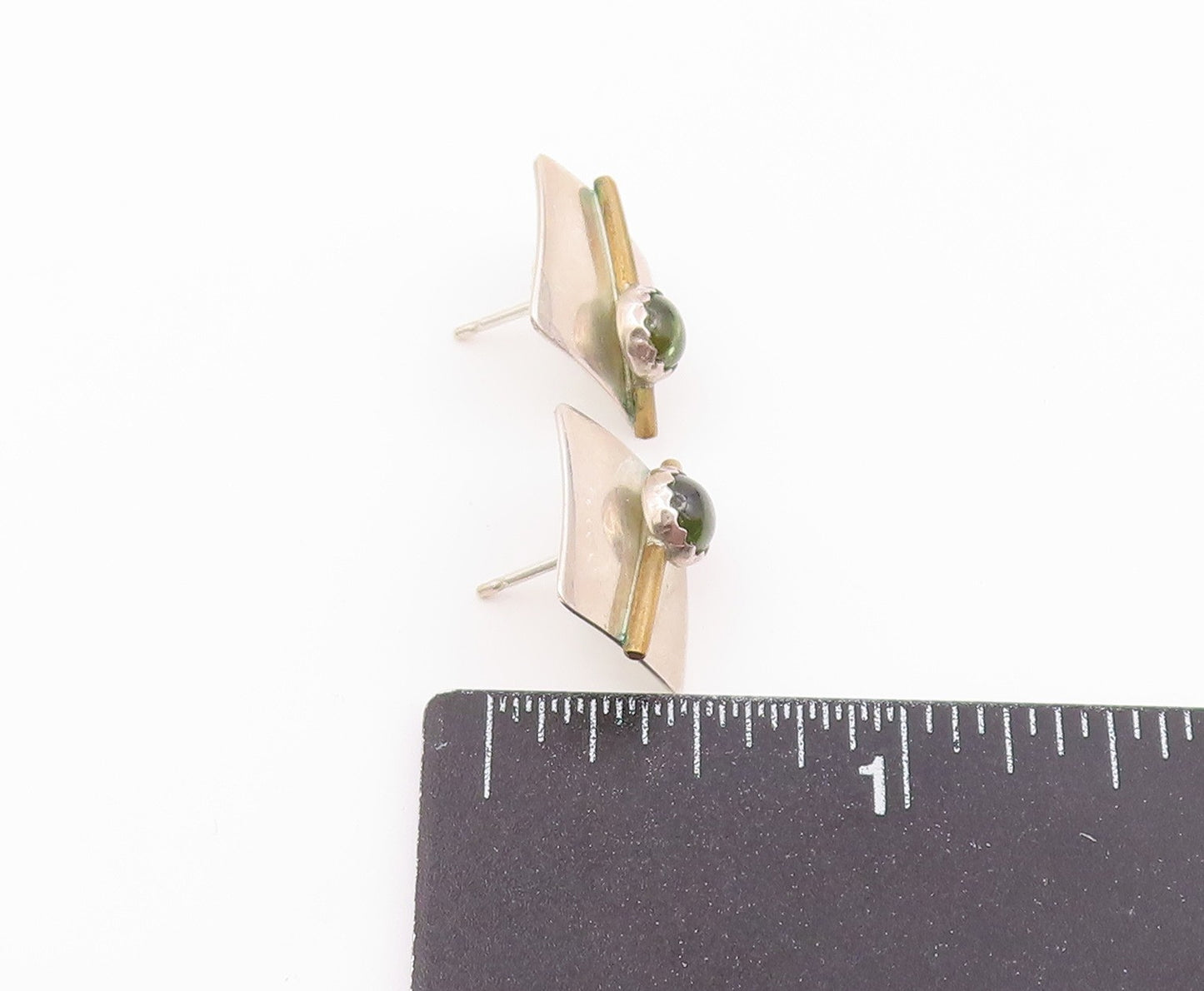 925 Sterling Silver Vintage Earrings Two Tone Peridot Geometric Studs  EG14503