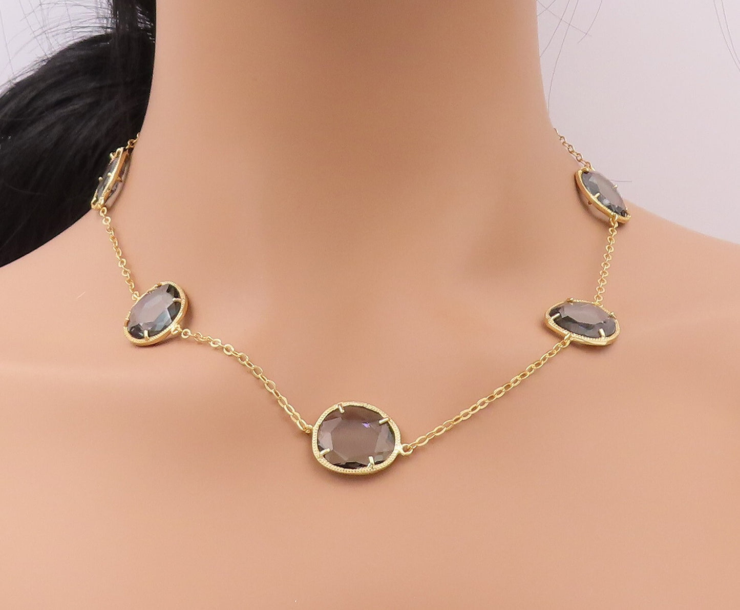 925 Sterling Silver Vintage Necklace Gold Plated Amorphas Cut Gemstone  NE4373