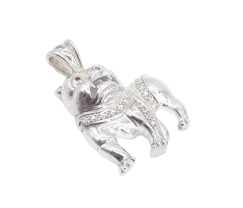 925 Sterling Silver  Vintage Shiny Topaz Angry Bull Dog Drop Pendant  PT6201