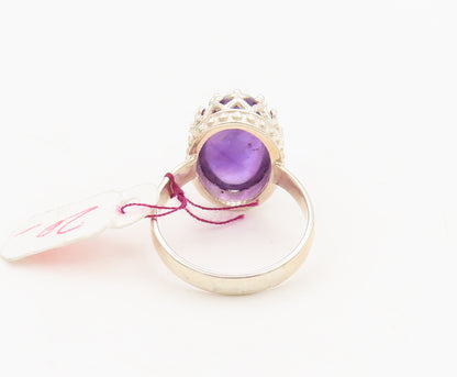 925 Silver  Vintage Cabochon Oval Large Amethyst Carved Ring Sz 6.25  RG27034