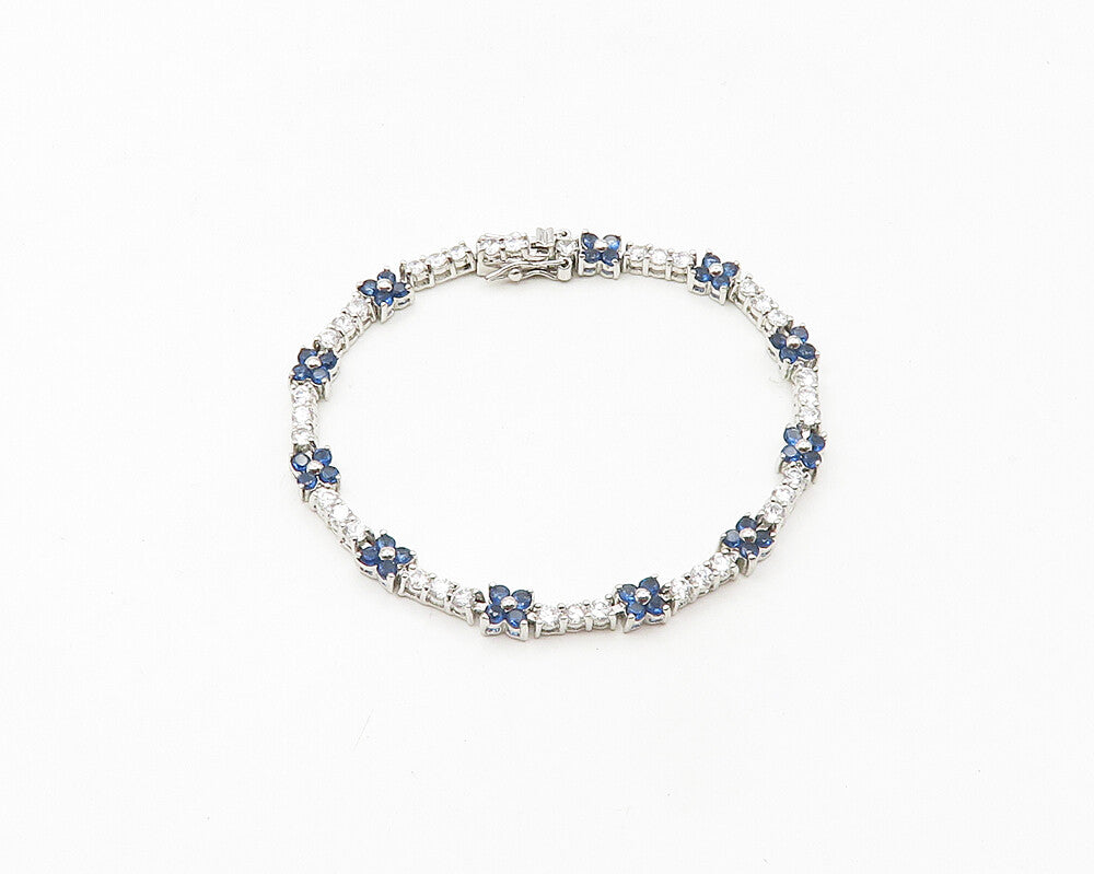 925 Sterling Silver  Cubic Zirconia & Blue Topaz Floral Chain Bracelet  BT6842