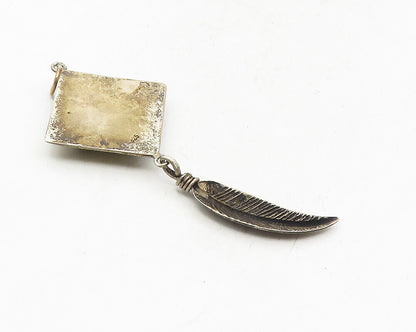 925 Sterling Silver  Vintage Inlaid Mother Of Pearl Feather Pendant  PT7835