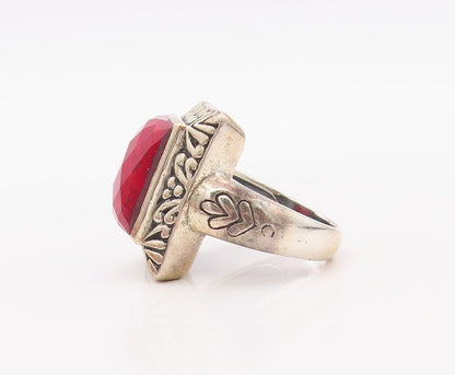 925 Sterling Silver Vintage Ring Red Gemstone Floral Fame Carved  Sz 8  RG30765