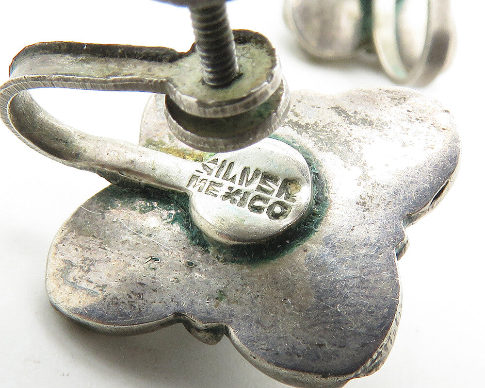 MEXICO 925 Silver  Vintage Antique Turquoise Floral Non Pierce Earrings EG9273
