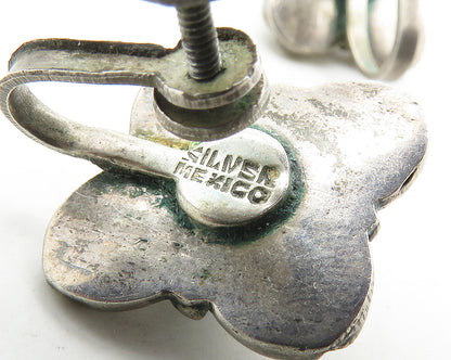 MEXICO 925 Silver  Vintage Antique Turquoise Floral Non Pierce Earrings EG9273