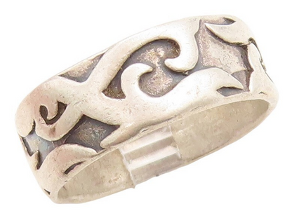 925 Sterling Silver Vintage Ring Solid Carved Fire Swirls  Sz 15  RG31255