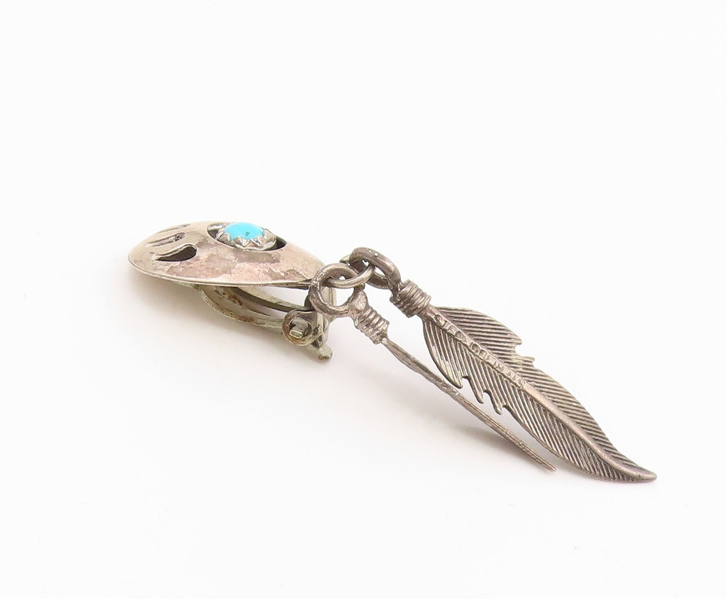 925 Sterling Silver Vintage Earrings NAVAJO  Turquoise Bear Paw Feather  EG14167