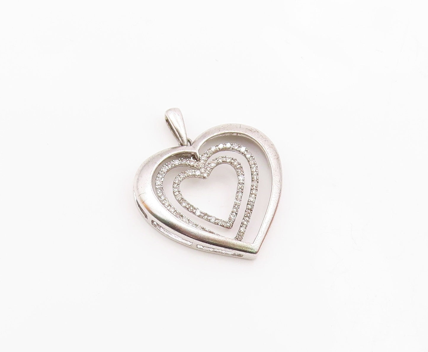 925 Sterling Silver  Vintage Genuine Diamonds Open Love Heart Pendant  PT17621