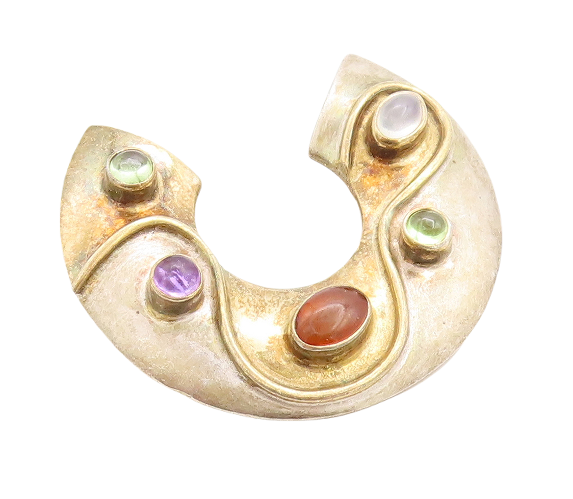 925 Sterling Silver Vintage Brooch Pin Cutout Ring Gemstones Inlay  BP11382