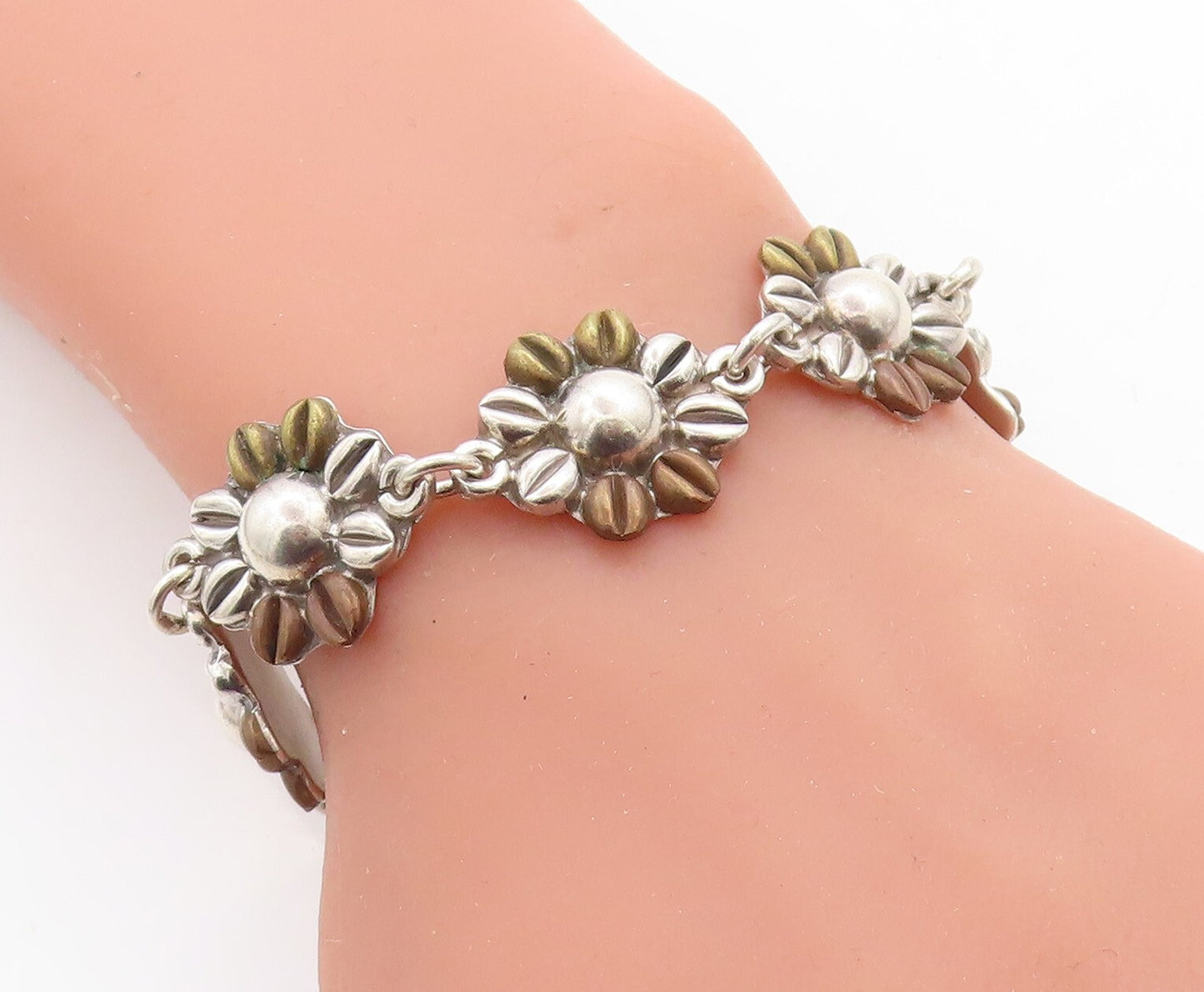 MEXICO 925 Sterling Silver  Vintage 2 Tone Flower Link Chain Bracelet  BT1895