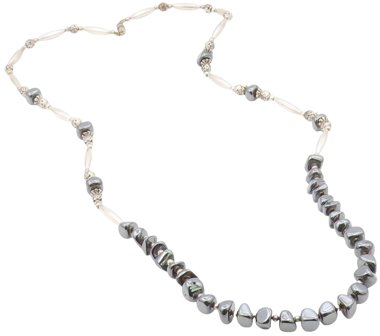 925 Sterling Silver  Vintage Engraved Ball Hematite Layered Necklace  NE3879