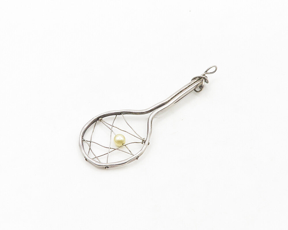 925 Sterling Silver Vintage Modernist Tennis Racket With Pearl Pendant PT15286