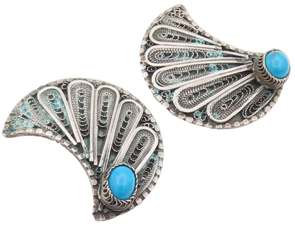 925 Sterling Silver Earrings MIDDLE EAST Turquoise Carved Feathers  EG12846