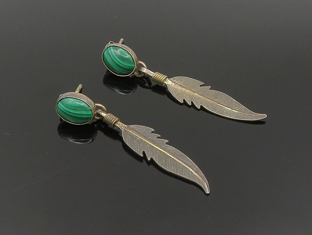 925 Sterling Silver Vintage Cabochon Cut Agate Feather Dangle Earrings EG11602